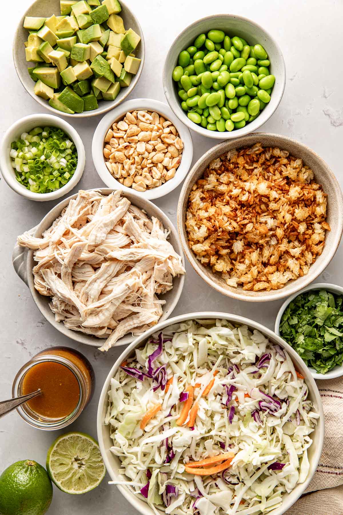 Overhead view of a variety of colorful fresh ingredients for Crispy Rice Salad in different sized bowls. 