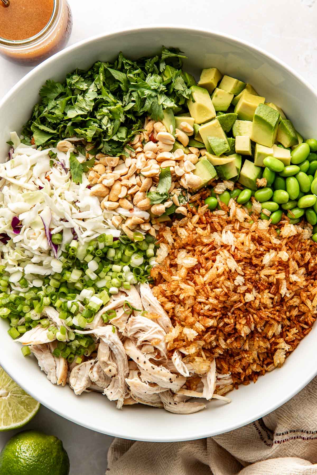 Close up view of a bowl of crispy rice salad ingredients in separate areas of the bowl including shredded chicken, Cole slaw, and edamame. 