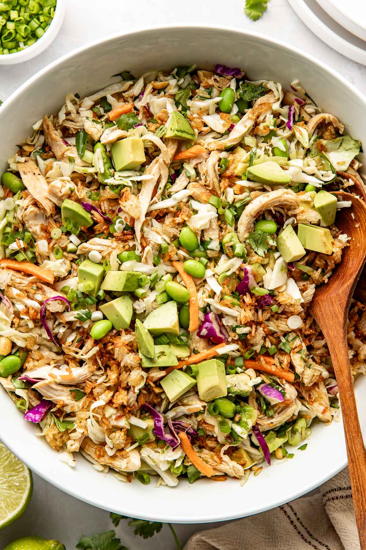 Overhead view of a bowl of colorful vegetables and shredded chicken topped with a ginger dressing and avocado pieces. 