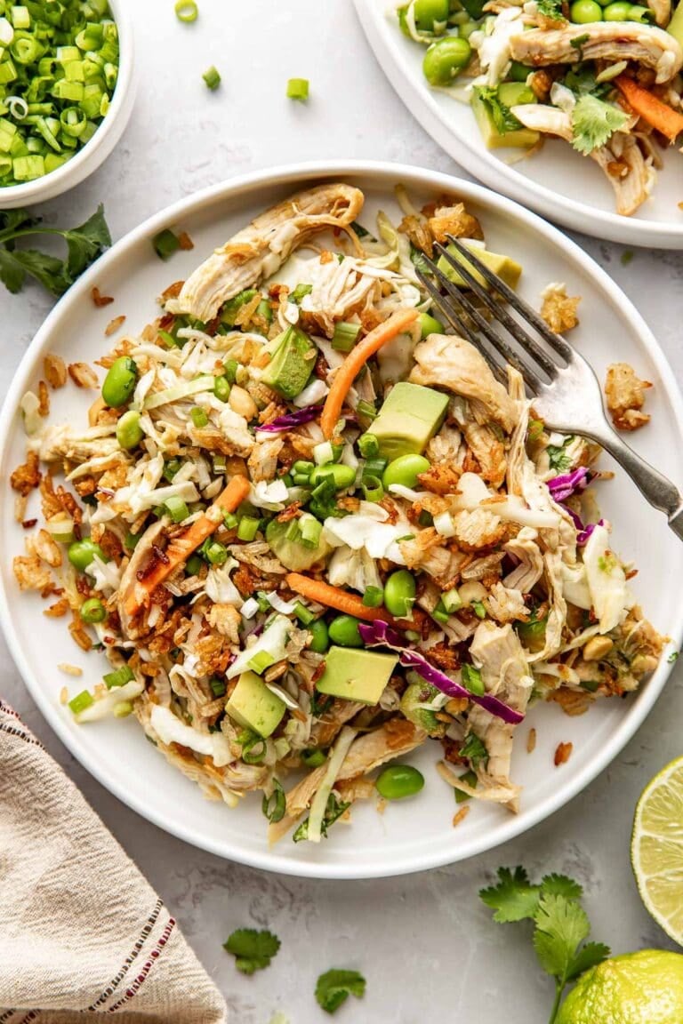 Crispy rice salad with chicken on a white plate, a fork on the side. 