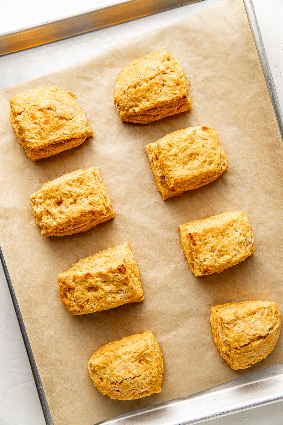 8 tall, fluffy sweet potato biscuits arranged on a parchment paper lined baking sheet