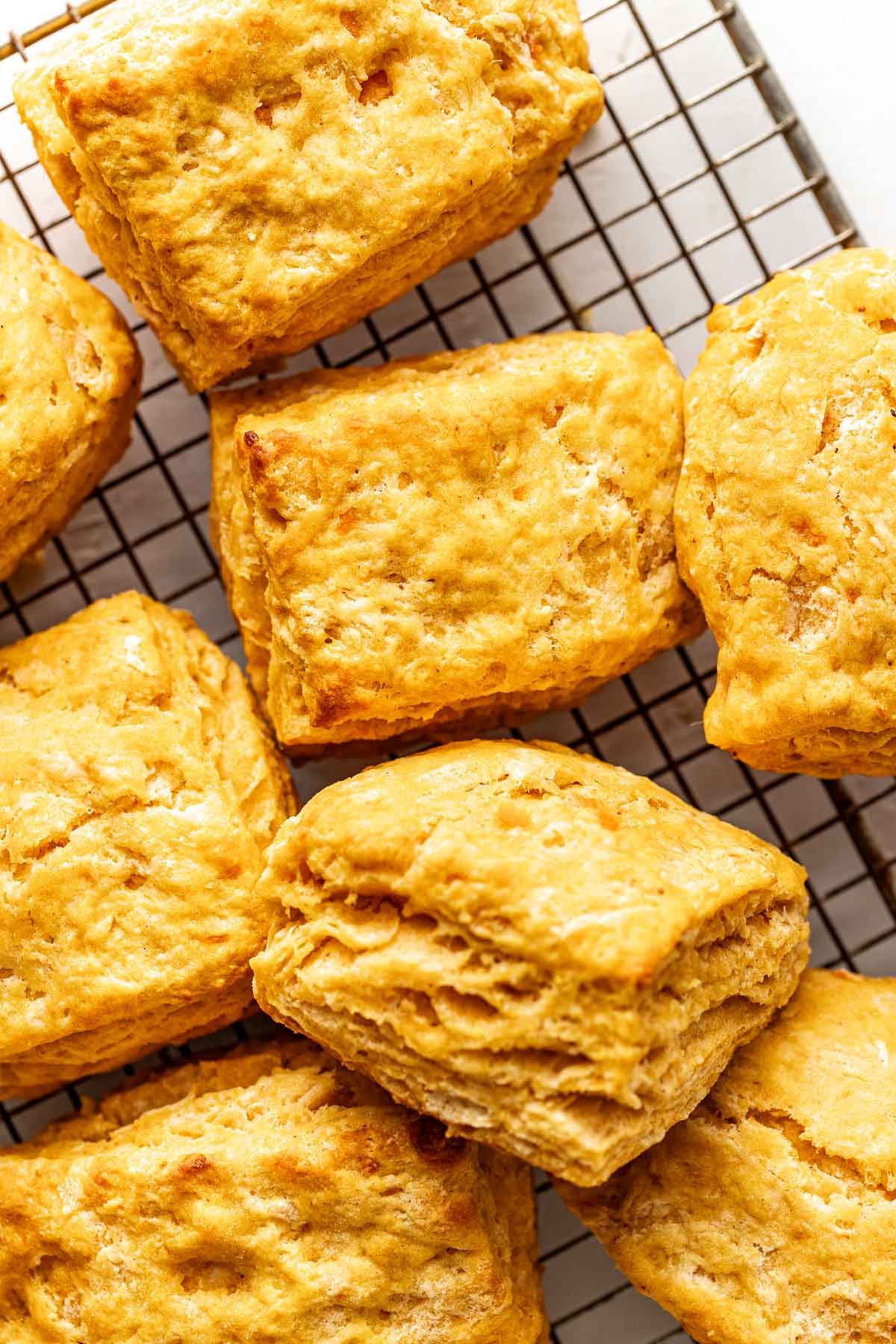 Several sweet potato biscuits on a cooling rack with one tilted to show the many layers.