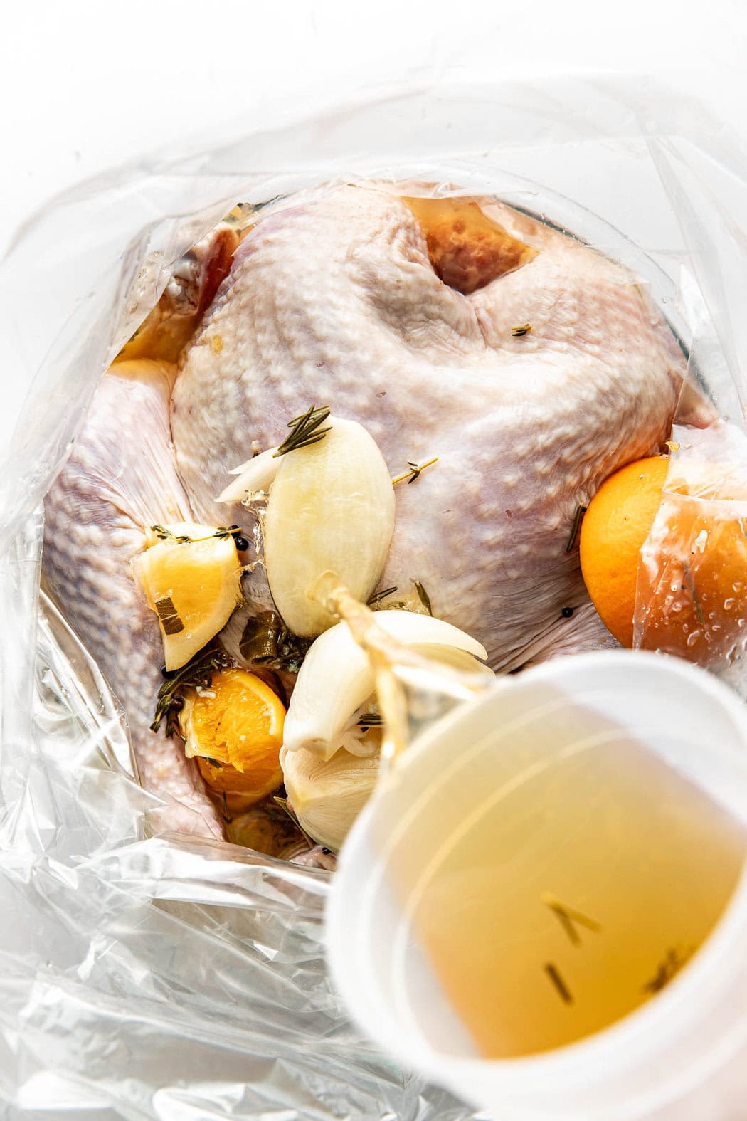 Close up view of a raw turkey in a brine bag with brine being poured into the bag. 