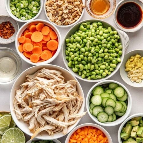 Overhead view of a variety of ingredients for a Thai chicken salad in different sized bowls.