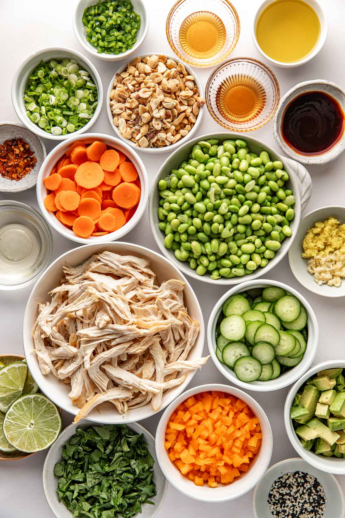 Overhead view of a variety of ingredients for Thai Chicken Salad in different sized bowls.