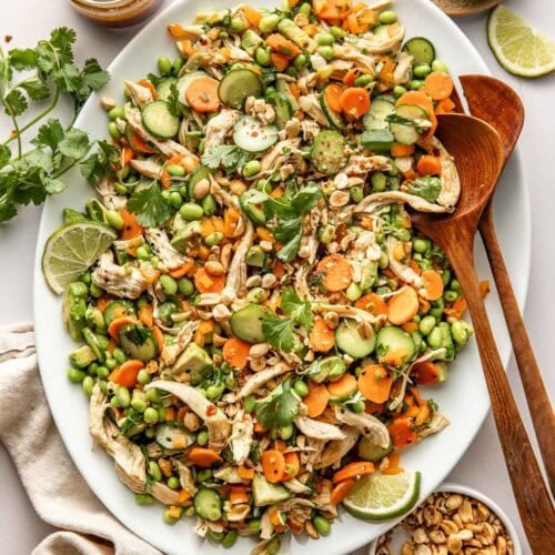 Overhead view of a large platter filled with Thai Chicken Salad with Edamame.
