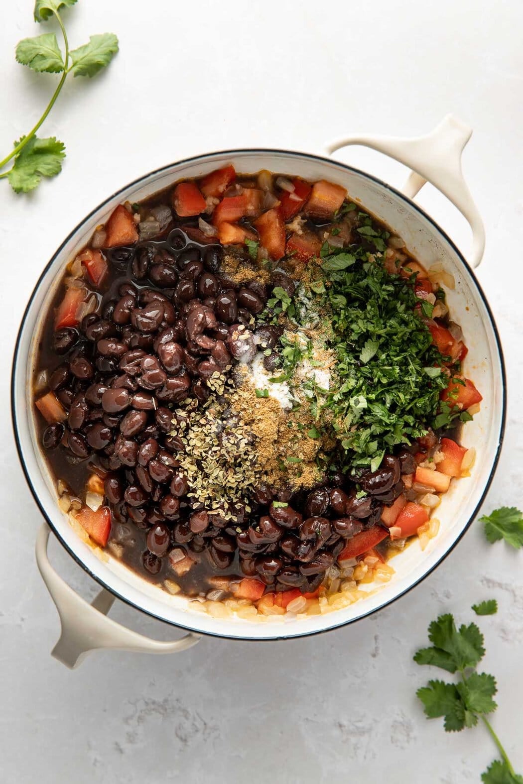 Overhead view of a skillet of Mexican Black Beans topped with fresh cilantro and seasonings ready to be stirred.