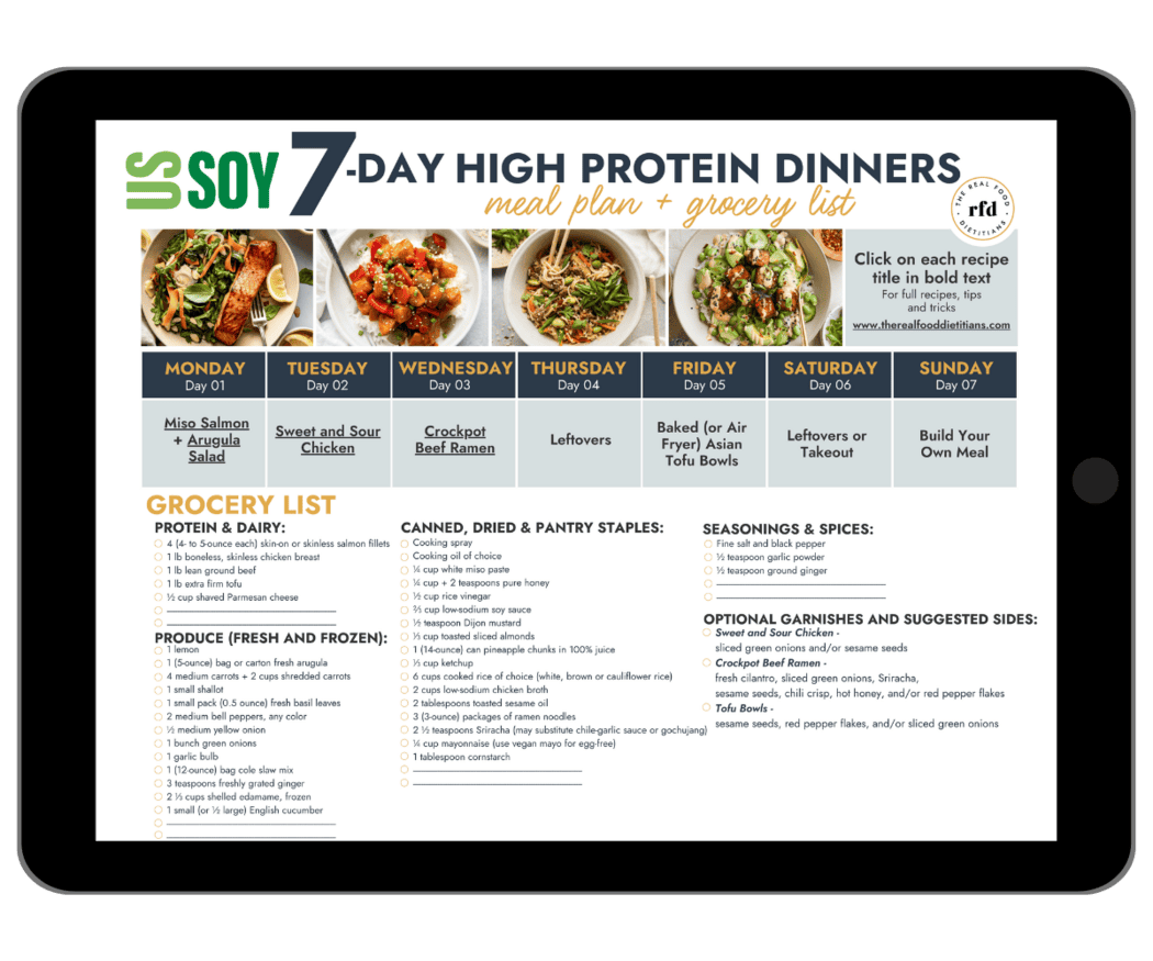 A 7-day meal plan schedule with grocery list.