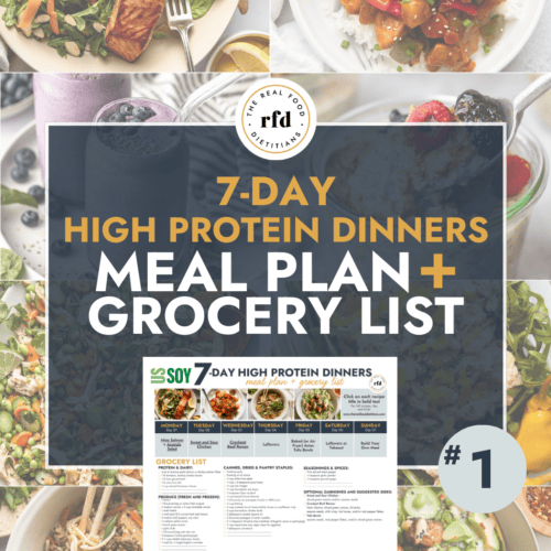 A variety of meals with text overlay for a 7-day meal plan.