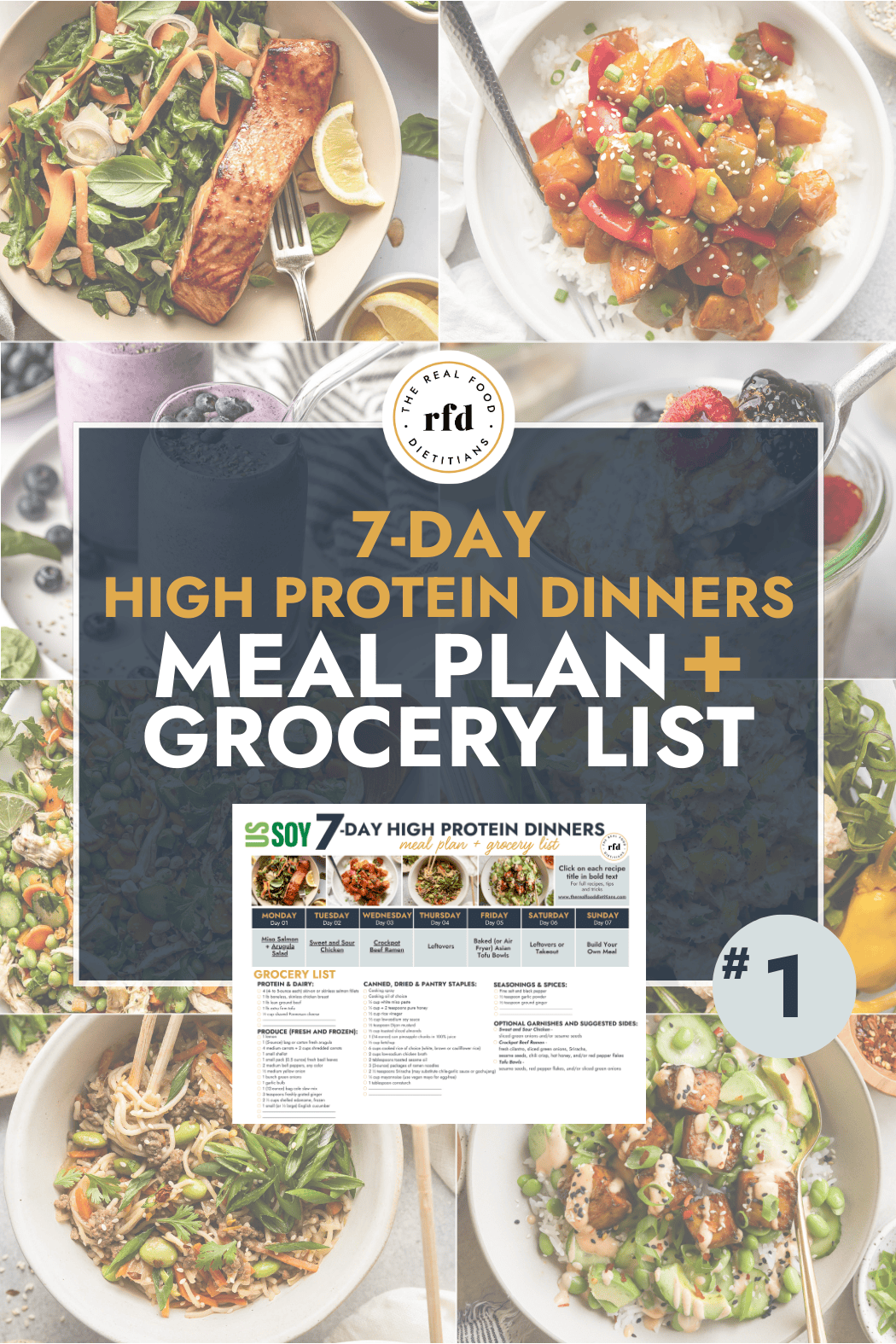 A variety of meals with a text overlay for a 7-day meal plan including a calendar view.