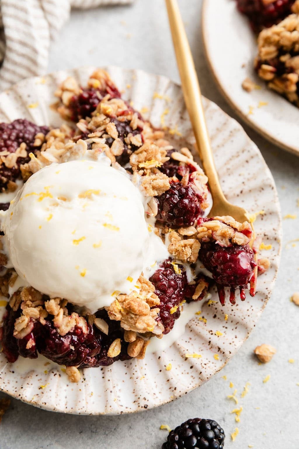 Overhead view of a plate filled with Blackberry Crumble topped with vanilla ice cream.
