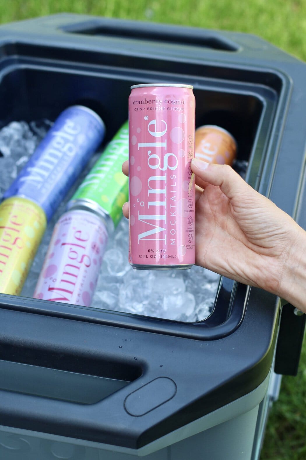 Overhead view of a hand holding a pink canned mingle mocktail over a cooler filled with ice.
