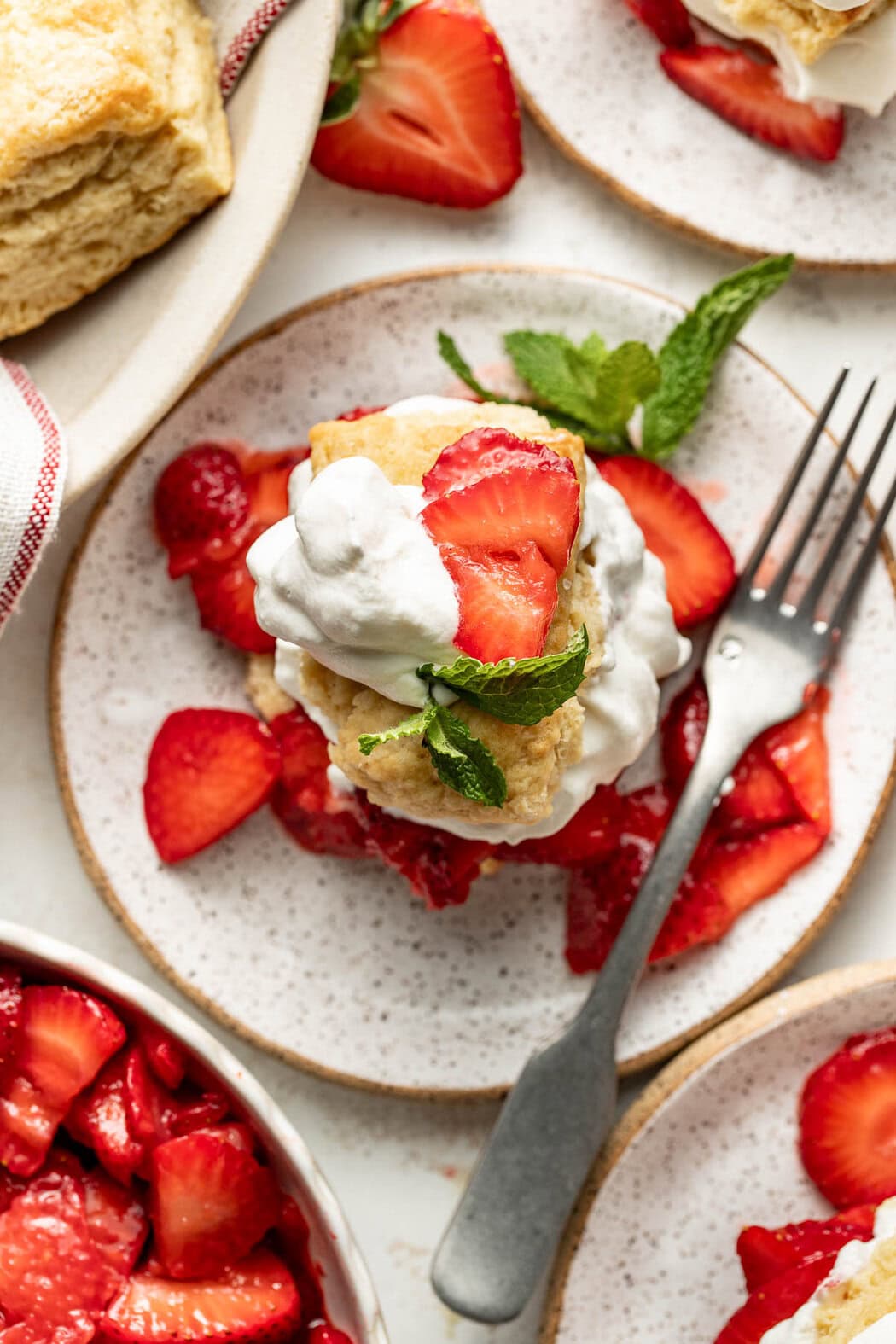 Overhead view of a plate filled with Strawberry Shortcake topped with fresh whipped cream and strawberries garnished with fresh mint leaves