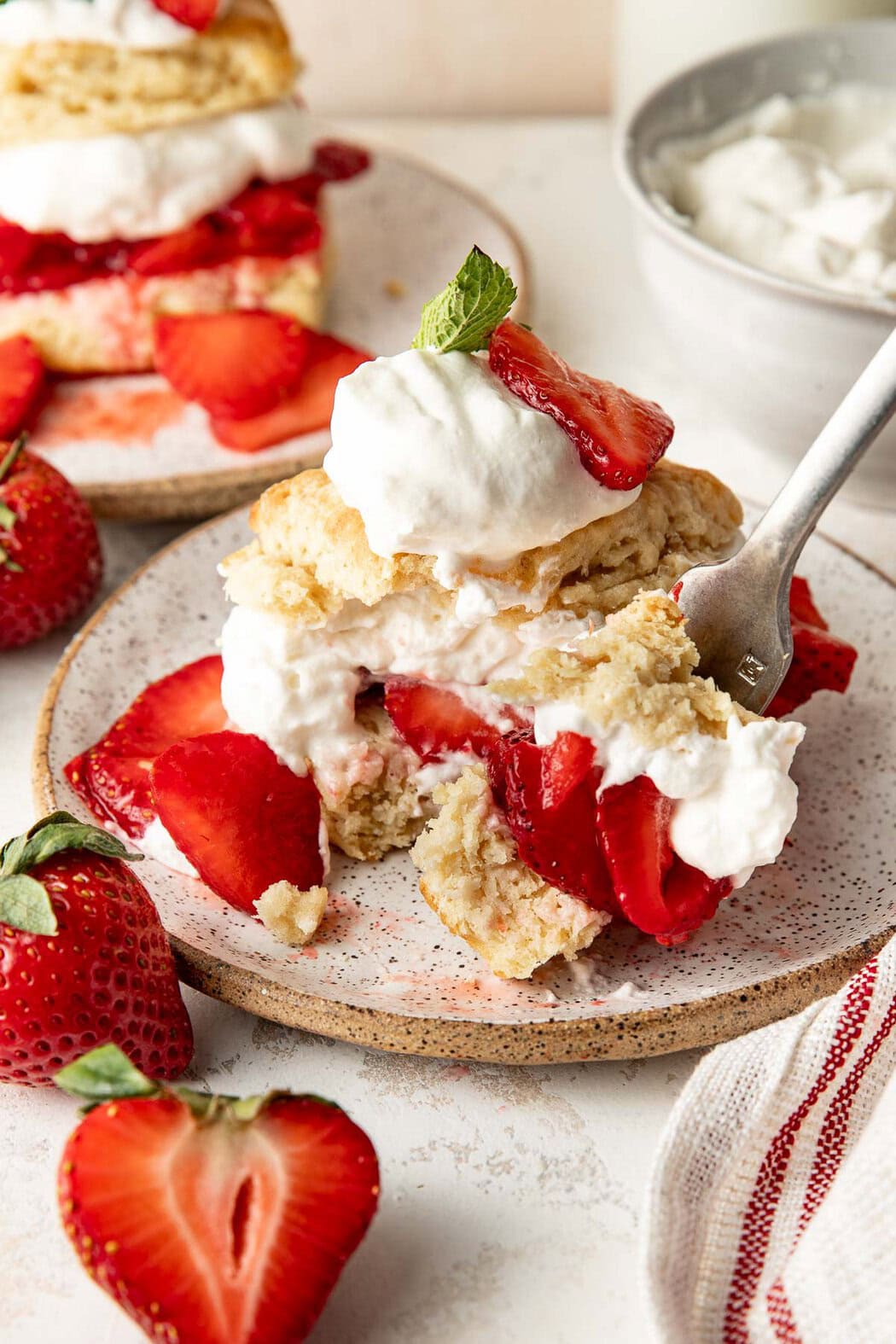 Close up view of a piece of Strawberry Shortcake on a ceramic plate with a fork into the side.