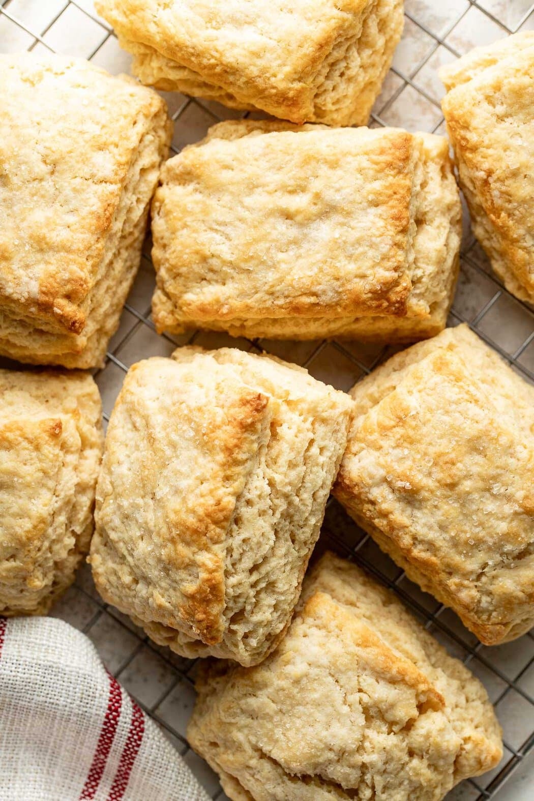 Close up view of sweet cream biscuits on a wire cooling rack showing the flakey layers