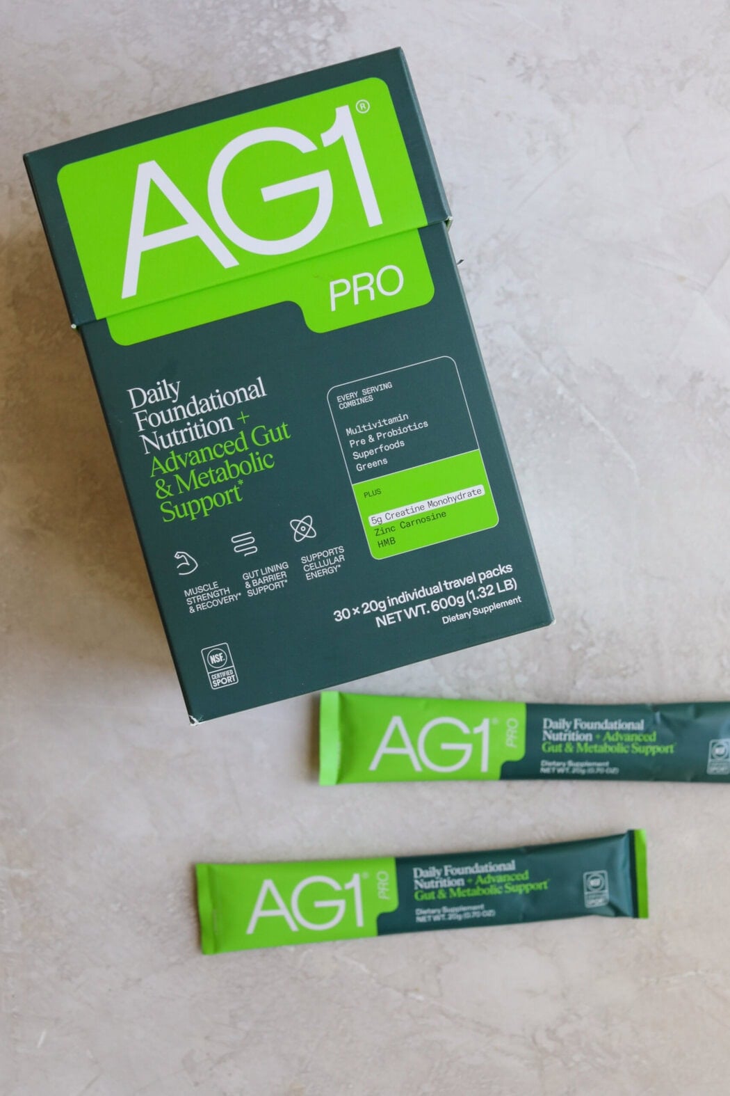 A box of AG1 Pro and two packets next to it. 